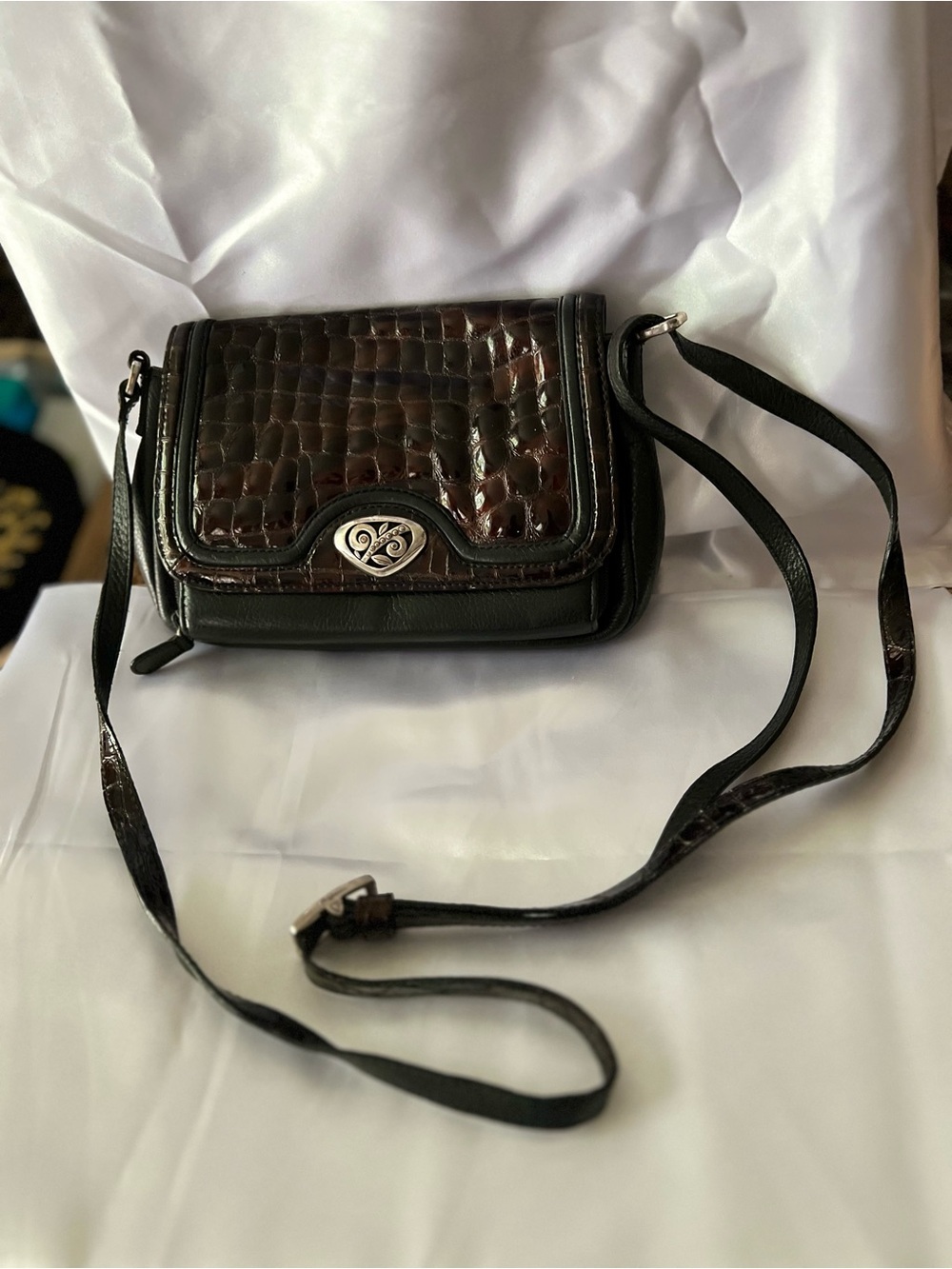 Brighton Brown Croc-Embossed & Black Crossbody with Heart Turn-Lock